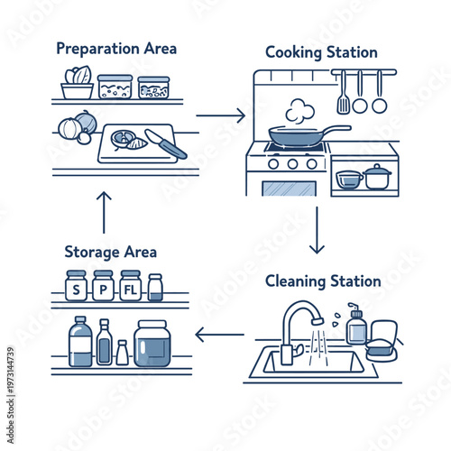 Kitchen workflow diagram for food preparation