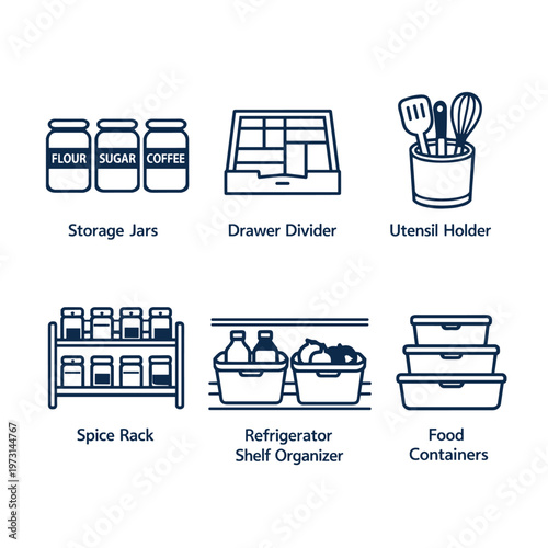 Kitchen storage solutions icons collection