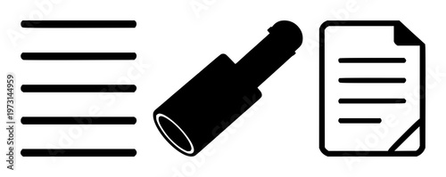 Contract document icon set with solid black shape on white background featuring contract, document, PDF with file and paper