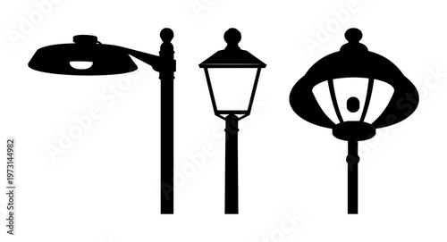 Street lamp set with solid black icon on white background featuring city lighting, street illumination, night environment with vector and illustration