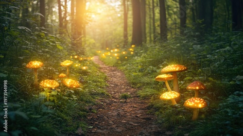 Enchanted Forest Path Illuminated by Glowing Mushrooms and Golden Sunlight