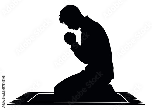 Silhouette illustration of a man depicting prayer on a mat for religious devotion