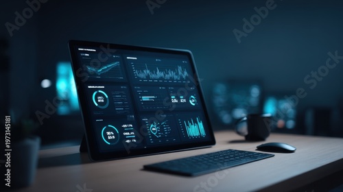 Futuristic digital dashboard displaying financial data analytics and graphs on a tablet screen in a dark office