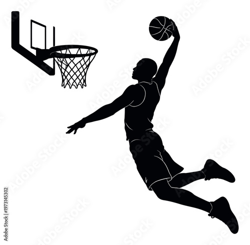Dynamic silhouette illustration of a basketball player depicting a slam dunk for sports design