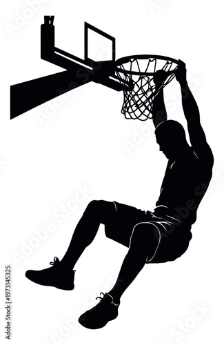 Silhouette illustration of a basketball player depicting hanging onto the basketball hoop for sports promotion