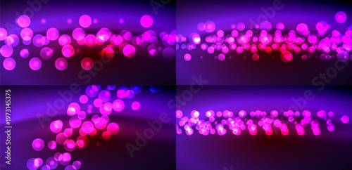 Abstract background features vibrant bubbles, pinks, purples. Gradient effect creates dynamic visual experience. Soft glow dominates composition.