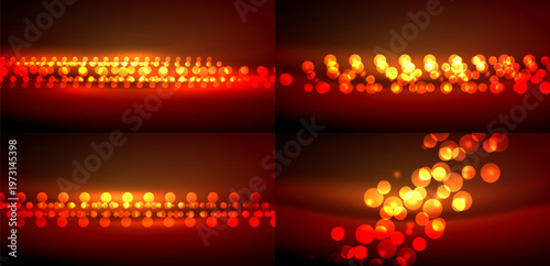 Abstract bokeh patterns. Warm colors dominate, creating festive, glowing effects. Four panels display varied light arrangements.