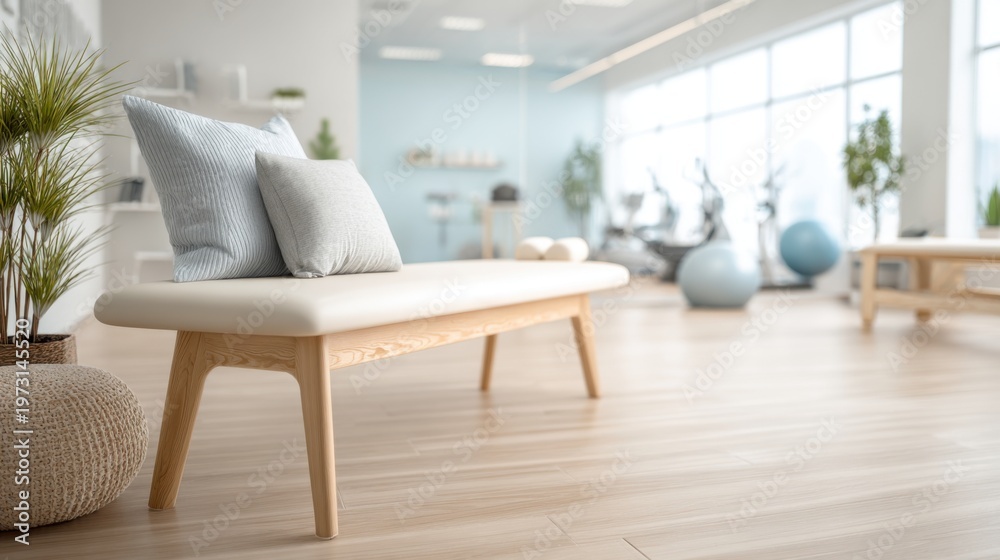 Fototapeta premium Bright and airy modern fitness studio with natural light, comfortable seating, and exercise equipment