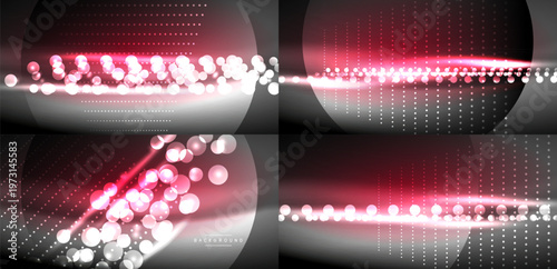 Abstract dark backgrounds with glowing red lines, circles, dots. Modern digital design elements, futuristic illumination effects.