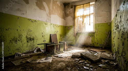 Naklejka Abandoned room with broken chair inside.