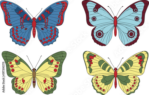 Decorative Butterfly Illustration Set Featuring Colorful Wing Patterns and Symmetrical Designs for Nature, Wildlife, Spring, and Graphic Art Use