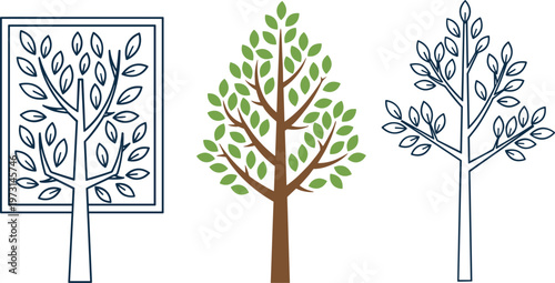 Decorative Tree Icon Set Featuring Stylized Leaf Patterns in Outline and Colored Variations for Nature, Ecology, Landscaping, and Environmental Design
