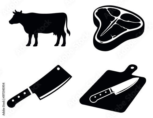 Simple graphic butchery set featuring a cow, beef steak, meat cleaver, and cutting board with a knife for food and restaurant design