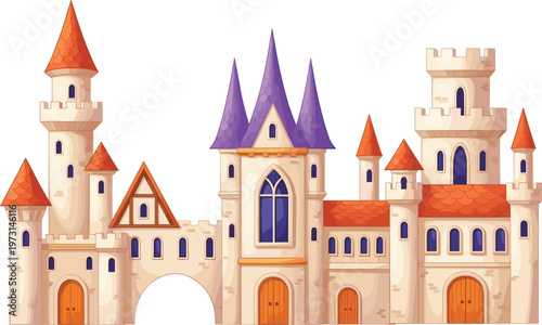 Fantasy Castle Illustration Featuring Medieval Palace with Towers, Arches, and Colorful Roofs for Fairytale, Game Design, and Storybook Architecture Concepts