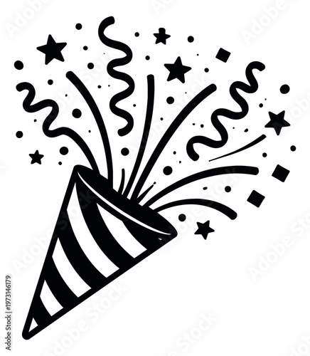 Hand drawn line art illustration of a party popper depicting an explosion of confetti and streamers for festive occasions