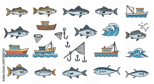 Fish and sea icons illustration set.
