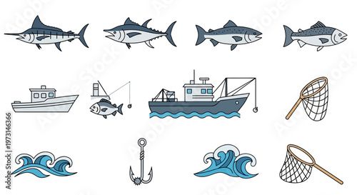 Fishing icons with boats and sharks.