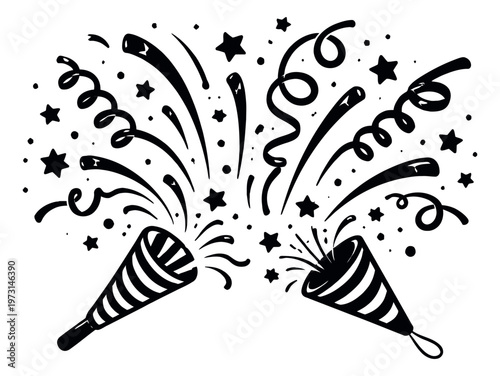 Hand drawn party popper set featuring exploding confetti and streamers for celebration