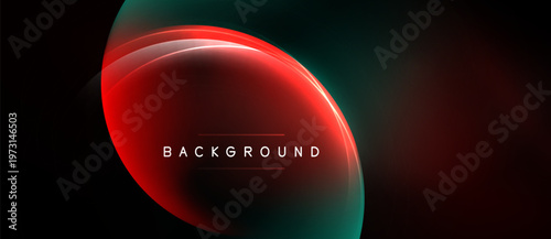 Abstract red, teal gradients form flowing shapes. Center displays BACKGROUND text over dark backdrop. Modern design element.
