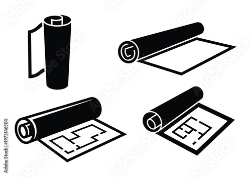 Architectural paper roll icons depicting floor plans and construction blueprints for residential building work
