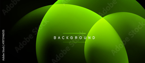 Abstract green shapes overlap black background. Modern design features gradients, smooth curves, text background. Minimalist aesthetic creates depth.