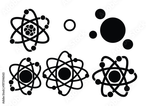Atom models and molecular structure icons set with electrons and nuclei black silhouettes on white background