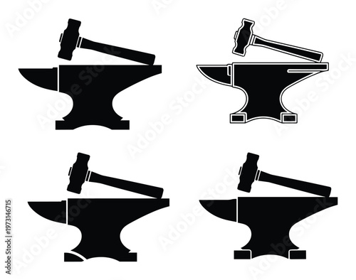 Blacksmith anvil with heavy hammer icon collection for metalwork forge and traditional iron craftsmanship tools