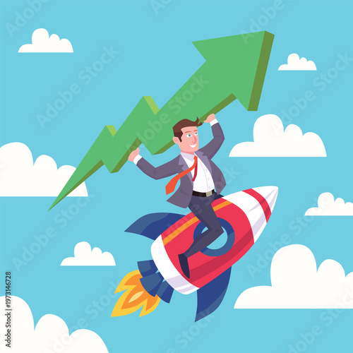 Succesful businessman flying with a rocket cartoon vector illustration