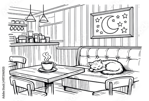 Hand drawn line art illustration of a cozy cafe scene depicting a sleeping cat and a cup of coffee for a relaxing atmosphere
