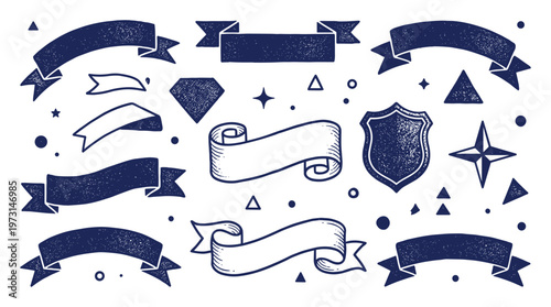 Collection of hand drawn blue banners ribbons shields and stars elements