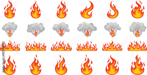 Fire Flame Icon Set Featuring Various Burning Styles with Smoke, Blaze Effects, and Cartoon Flames for Heat, Hazard, Energy, and Graphic Design