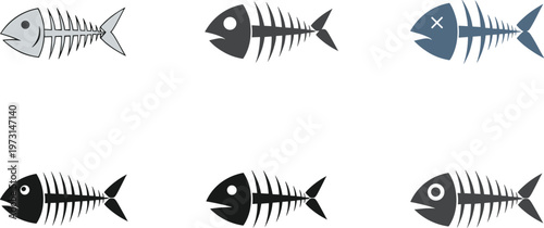 Fish Skeleton Icon Set Featuring Minimal Bone Structure Silhouettes in Different Styles for Marine Biology, Anatomy, and Ocean Design Concepts