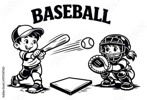 Hand drawn line art cartoon illustration of children playing baseball depicting a batter swinging and a catcher ready for youth sports