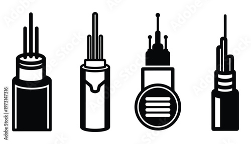 Fiber optic cable types and structure icons for telecommunication network connectivity