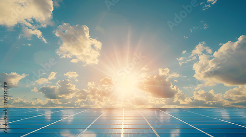Solar panels generating clean energy under sunny blue sky with clouds