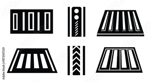 Geometric floor tiles and architectural panel icons set featuring striped patterns and abstract perspectives