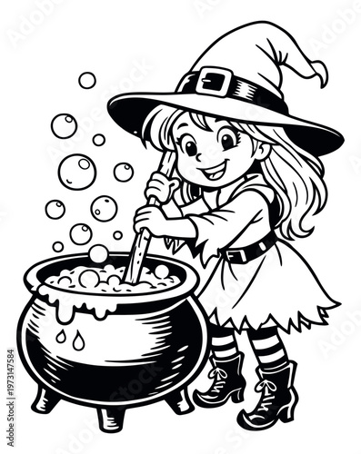 Line art illustration of a cheerful young witch depicting stirring a bubbling cauldron for Halloween