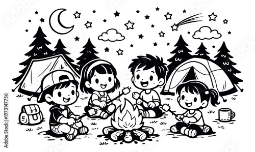 Cute hand drawn line art illustration of children camping depicting them roasting marshmallows around a campfire at night for summer outdoor activities