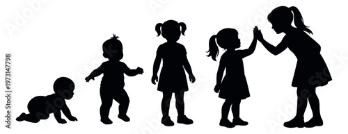 Silhouette child growth stages set featuring babies and young girls for human development illustration