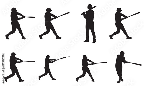 Dynamic collection of eight male baseball player silhouettes demonstrating various stages of hitting and batting actions, capturing the full swing motion and athletic performance in a game.