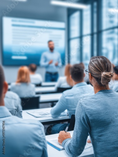 Diverse audience attentively listens to speaker presenting information on large screen in modern classroom or seminar setting