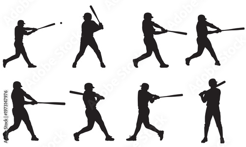 Comprehensive set of eight male baseball player silhouettes illustrating diverse hitting and batting sequences, including contact with the ball, showcasing dynamic athletic motion and game play.