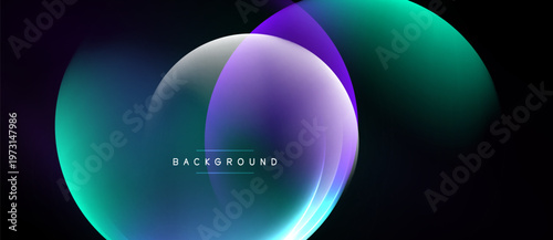 Abstract design features overlapping colorful circles. Gradient shades create luminous effect against dark backdrop. Text reads background.