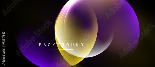 Abstract design features overlapping colorful circles. Gradient shades blend purple, yellow, white. Dark background emphasizes vibrant shapes.
