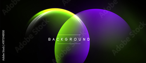 Abstract design features overlapping vibrant circles. Green, purple hues blend against dark background. Text reads background. Simple, modern aesthetic.