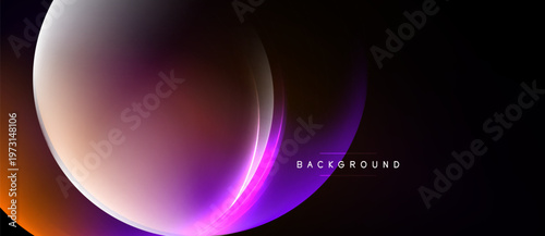 Abstract design features flowing shapes, vibrant purple, orange hues against dark backdrop. Modern aesthetic, minimalist style.