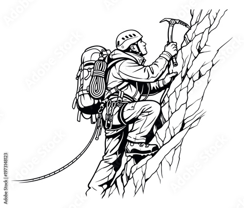Line art illustration of a rock climber depicting ascending a steep mountain with an ice axe for outdoor adventure