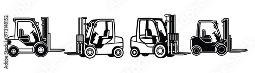 Line art and solid style forklift truck icons for logistics and warehousing