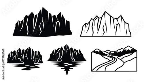Mountain range silhouettes and rocky peak icons set with landscape scenery and river paths in black and white