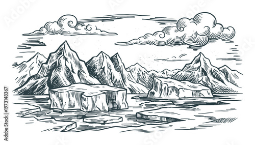 Northern landscape with snow-capped mountains and large ice floes and clouds in sky vector element